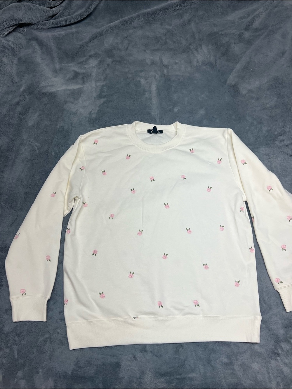 Women's Cream Crewneck Sweater with Pink Rose Embroidery